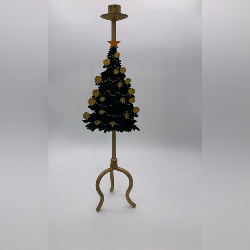 VTG. Gold & Green FolkArt 18” Iron Tripod Candlestick Holder With Christmas Tree